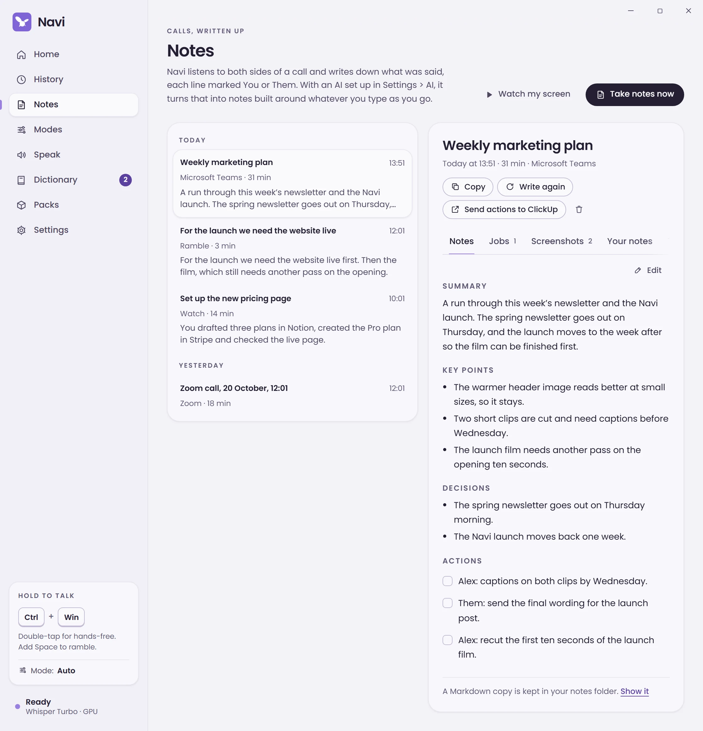 The Notes page in Navi, showing a call’s notes with a summary, jobs, screenshots and a transcript
